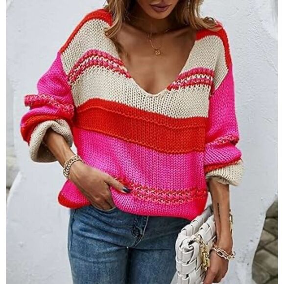 angsshion Sweaters - Women's Dopamine Sweater Color Block Soft Oversized Long Sleeve Barbie